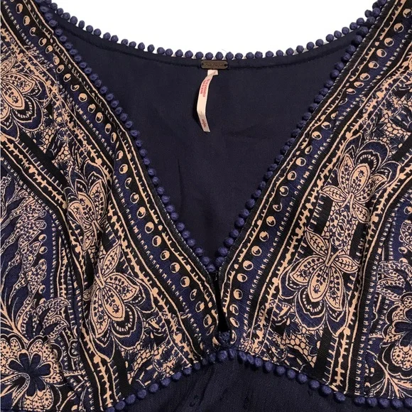Free People My Love Mini Dress Sz Small S Indigo Blue Pom Pom Paisley Boho Chic - Picture 10 of 15